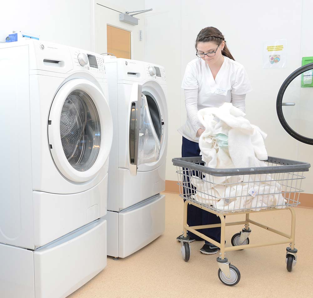a worker puts sheets into the washing machine